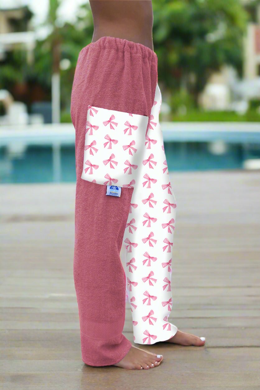 Towel Pants for Swimmers – IN STOCK Fast Shipping - Beach Coverup – Swim wear - Pink Bows - Paradise Towelwear
