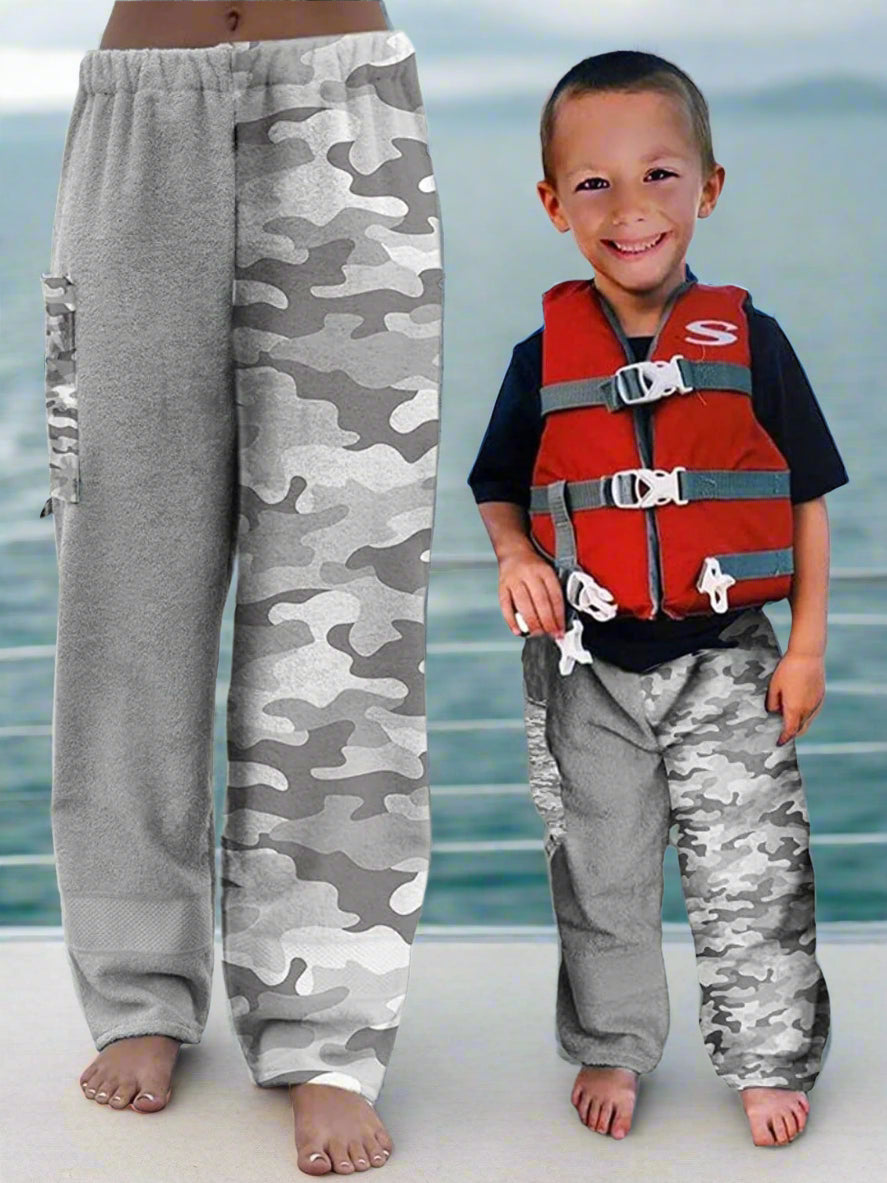Towel Pants for Swimmers – IN STOCK Fast Shipping - Beach Coverup – Swim wear - Grey Camo Camoflauge