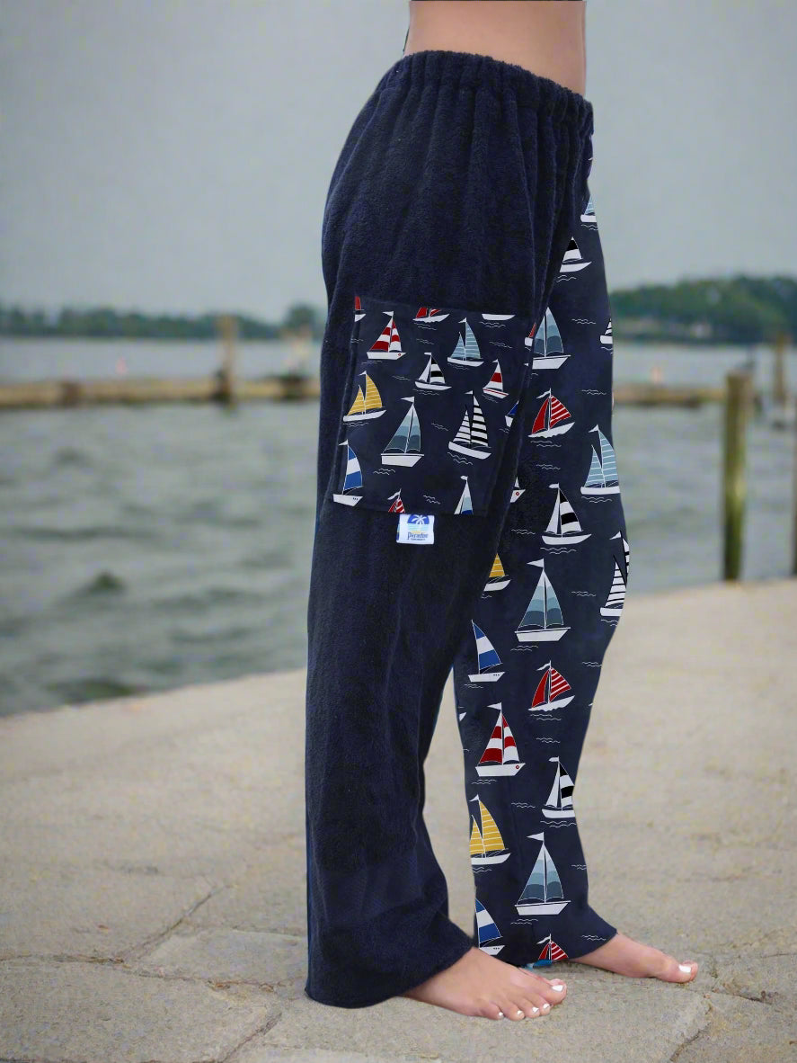 Towel Pants - Sailboat Pattern - IN-STOCK Fast Shipping - Beach, Swimming, Resortwear, Boys, Girls, Adults