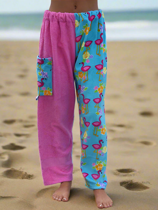 Towel Pants - Flamingo Pattern - IN STOCK Fast Shipping - Beach, Swimming, Resortwear, Boys, Girls, Adults.