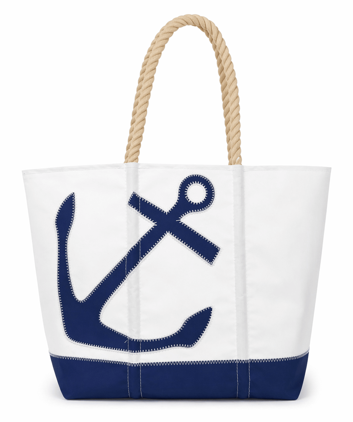 Seaside Glam Nautical Anchor Sailing Boat Tote Bag, White and Navy Blue, Rope Handles, Water Tight, Beach Bag, Size MEDIUM - Paradise Towelwear