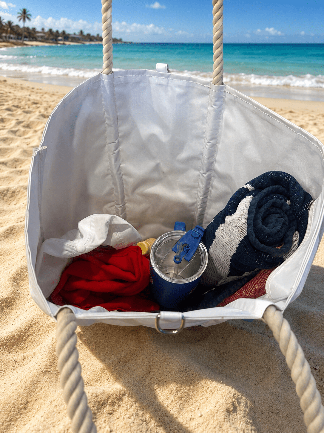 Seaside Glam Nautical Anchor Sailing Boat Tote Bag, White and Navy Blue, Rope Handles, Water Tight, Beach Bag, Size MEDIUM - Paradise Towelwear