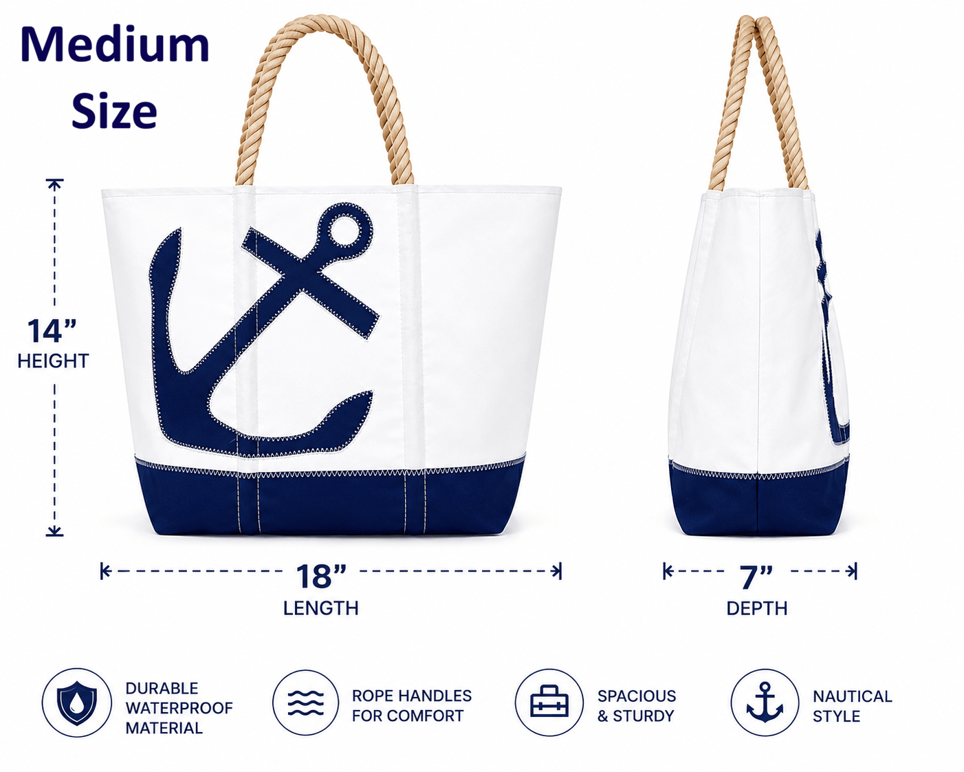 Seaside Glam Nautical Anchor Sailing Boat Tote Bag, White and Navy Blue, Rope Handles, Water Tight, Beach Bag, Size MEDIUM - Paradise Towelwear