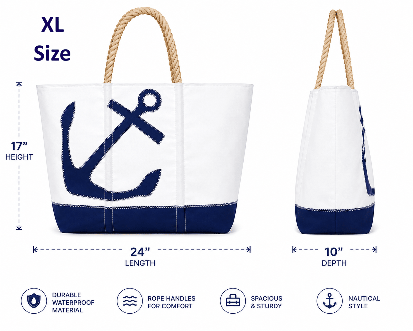 Seaside Glam Nautical Anchor Sailing Boat Tote Bag, White and Navy Blue, Rope Handles, Water Tight, Beach Bag, Size X-LARGE - Paradise Towelwear
