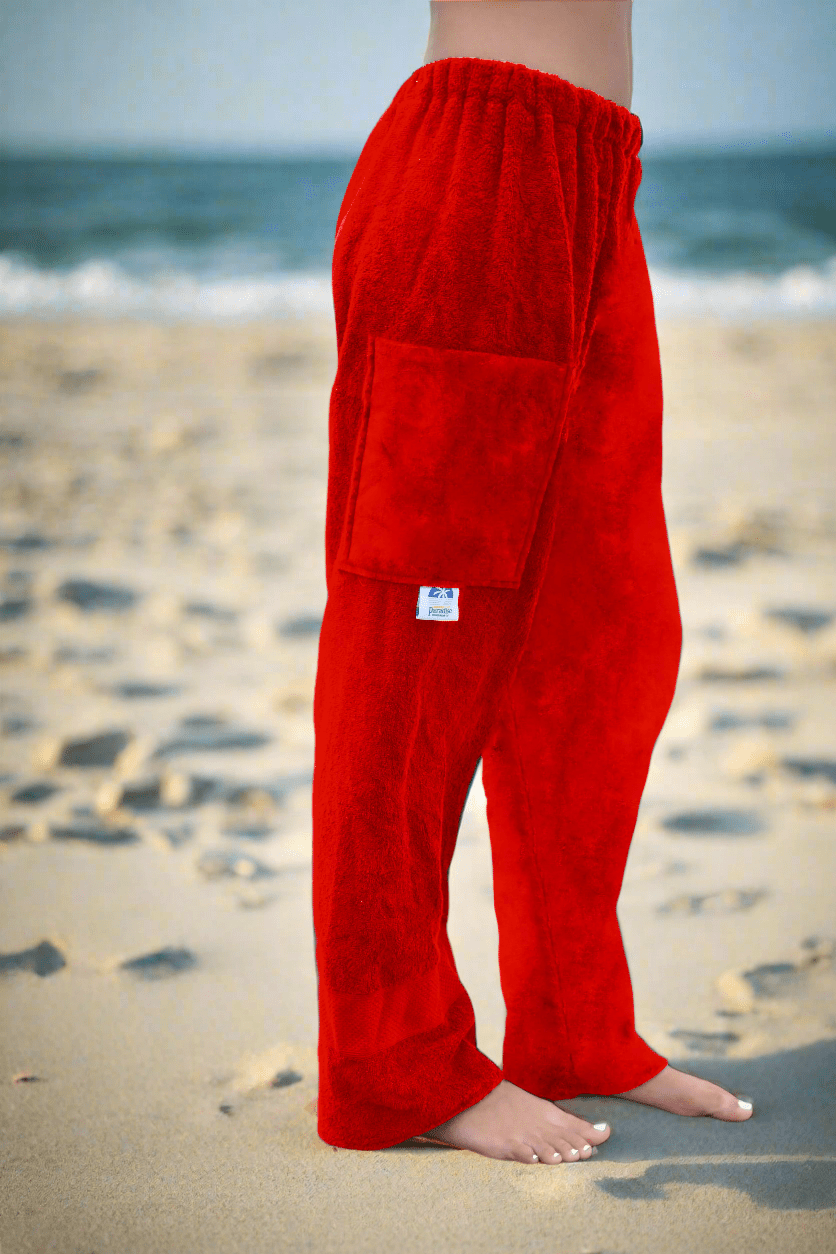 Towel Pants - Black - IN STOCK Fast Shipping - Beach, Swimming, Resortwear, Boys, Girls, AdultsTowel Pants - RED - IN STOCK Fast Shipping - Beach, Swimming, Resortwear, Boys, Girls, Adults - Paradise Towelwear