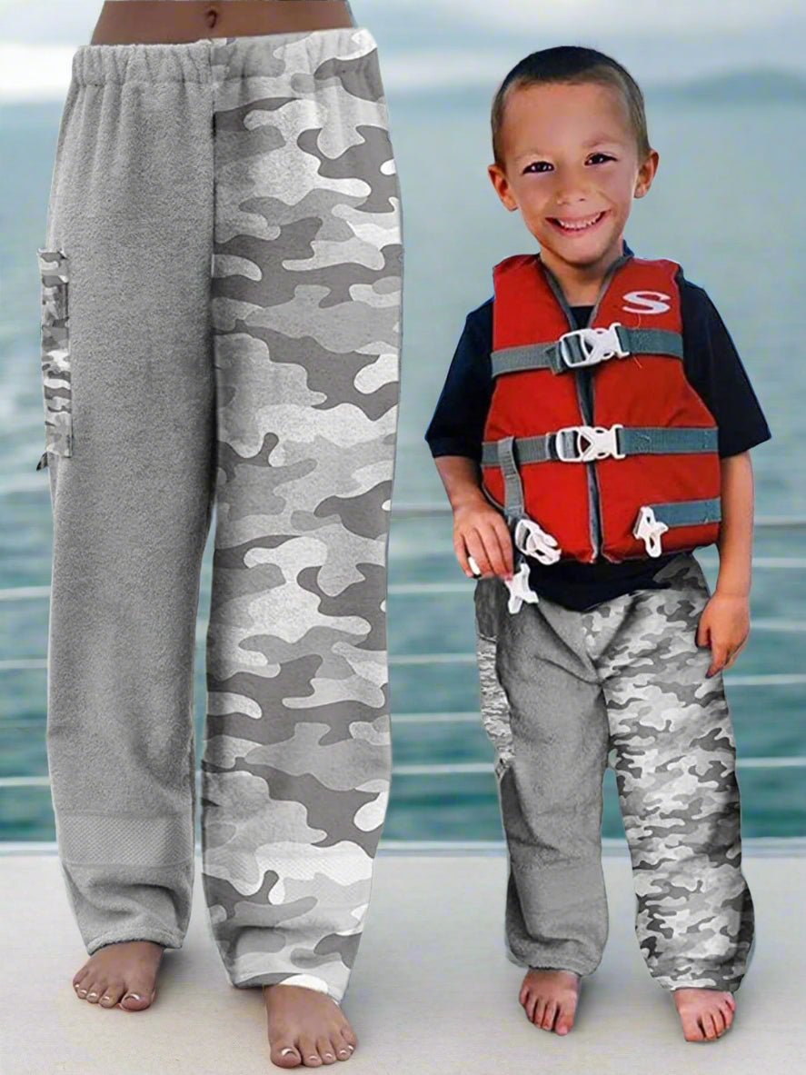 Towel Pants for Swimmers – IN STOCK Fast Shipping - Beach Coverup – Swim wear - Grey Camo Camoflauge - Paradise Towelwear