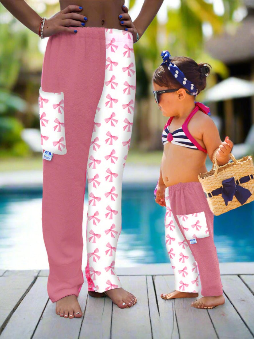 Towel Pants for Swimmers – IN STOCK Fast Shipping - Beach Coverup – Swim wear - Pink Bows - Paradise Towelwear