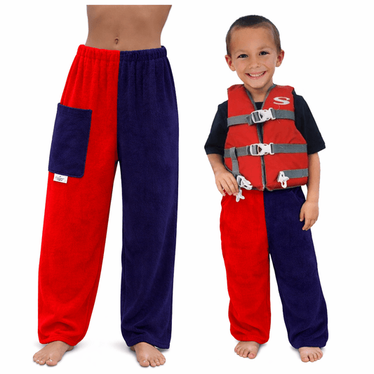 Towel Pants for Swimmers – IN STOCK Fast Shipping - Beach Coverup – Swim wear - Red & Navy - Paradise Towelwear